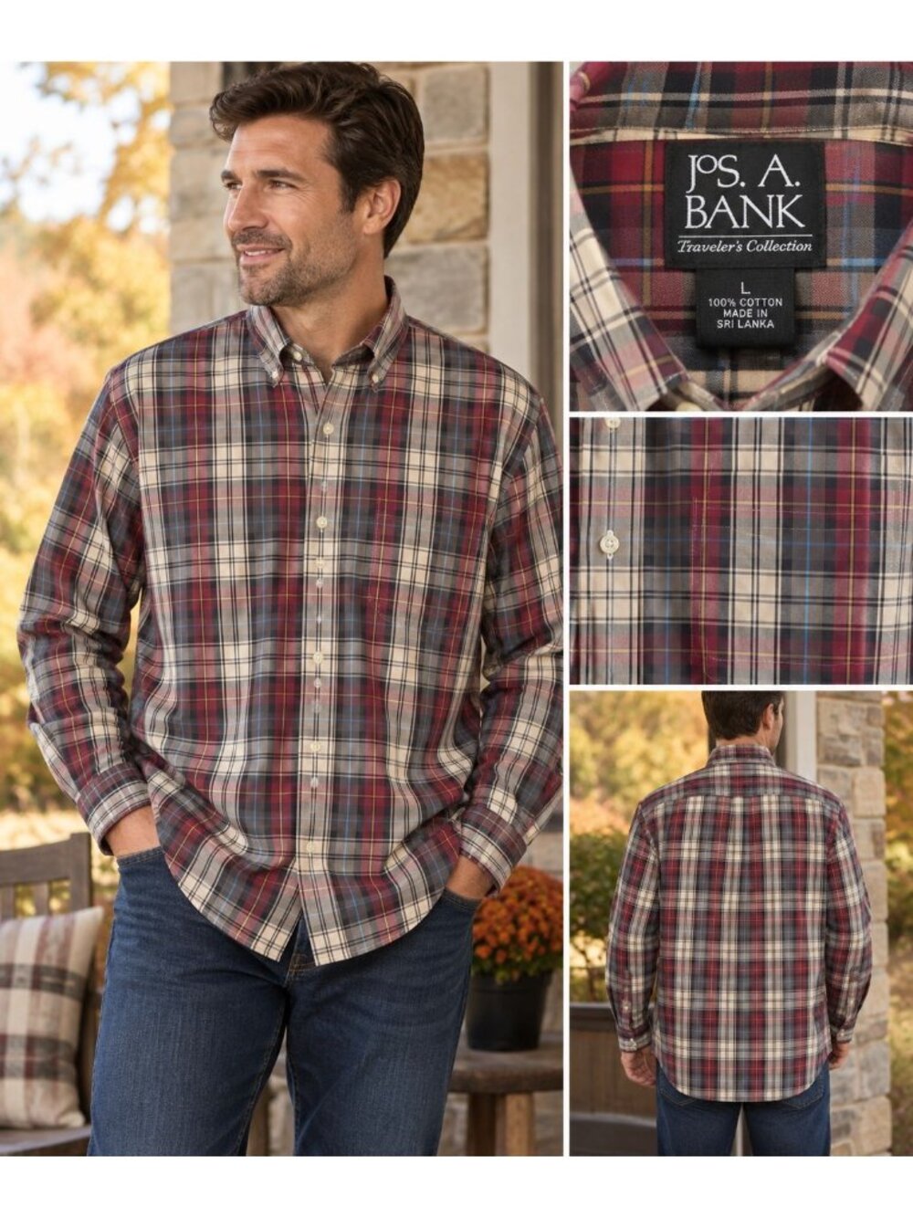 Jos A Bank Travelers Shirt Mens Large Plaid Cotton Button Down Burgundy Tan